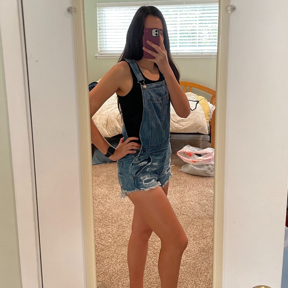 Distressed Short Overalls
